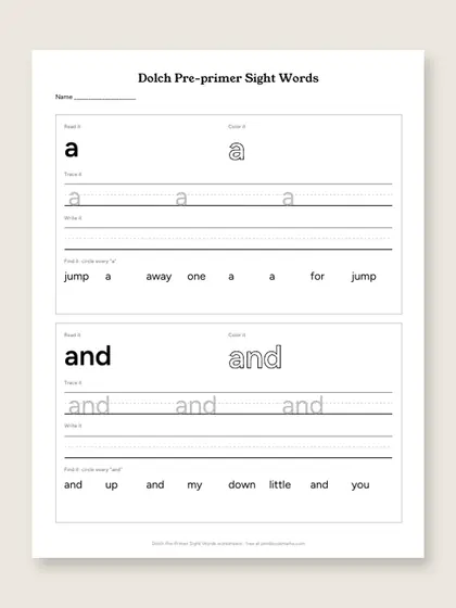 Dolch Pre-Primer Sight Words worksheets, first page