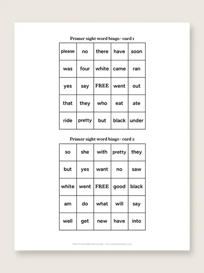 Dolch Primer Sight Words bingo cards, first page