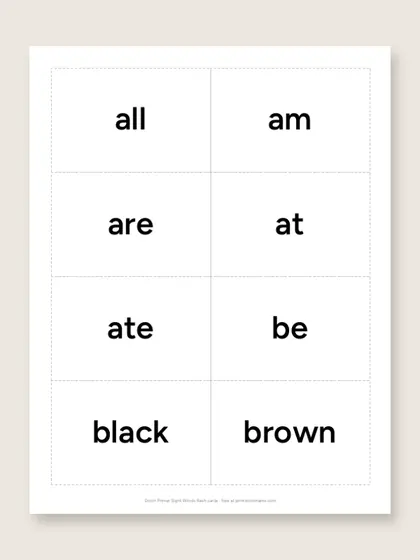 Dolch Primer Sight Words flash cards, first page