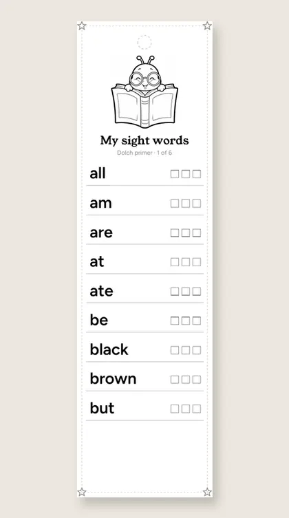 Dolch Primer Sight Words bookmark 1