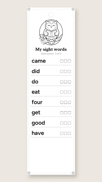 Dolch Primer Sight Words bookmark 2