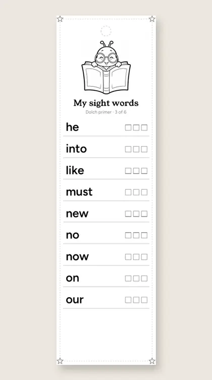 Dolch Primer Sight Words bookmark 3