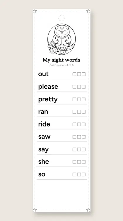 Dolch Primer Sight Words bookmark 4