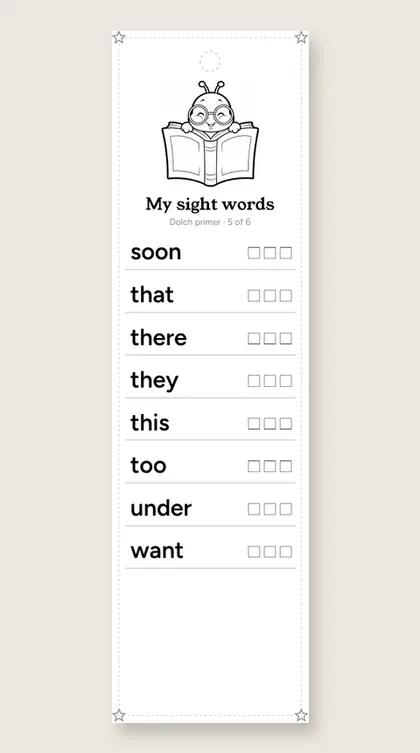 Dolch Primer Sight Words bookmark 5