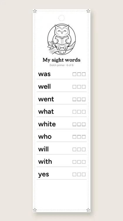 Dolch Primer Sight Words bookmark 6