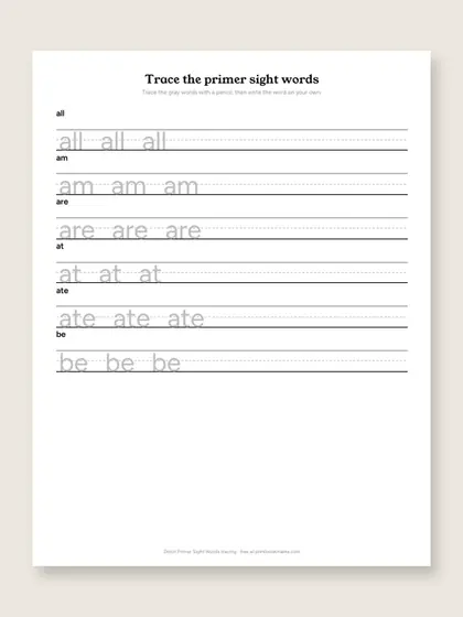 Dolch Primer Sight Words tracing sheets, first page