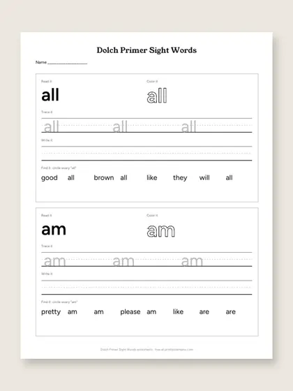 Dolch Primer Sight Words worksheets, first page