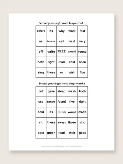 Dolch Second Grade Sight Words bingo cards, first page
