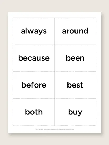 Dolch Second Grade Sight Words flash cards, first page