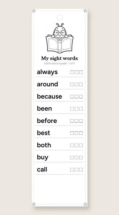 Dolch Second Grade Sight Words bookmark 1