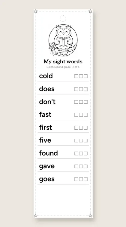 Dolch Second Grade Sight Words bookmark 2