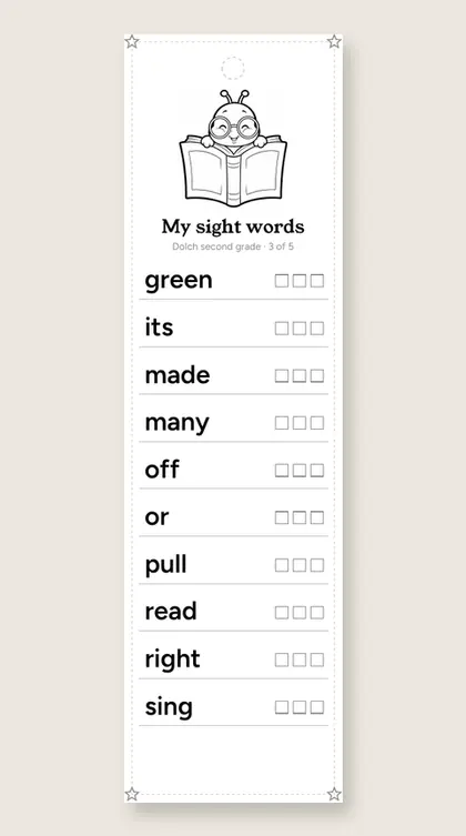 Dolch Second Grade Sight Words bookmark 3