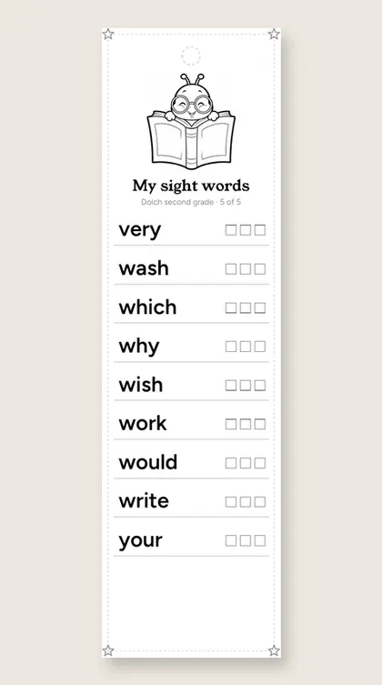 Dolch Second Grade Sight Words bookmark 5