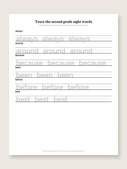 Dolch Second Grade Sight Words tracing sheets, first page