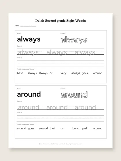 Dolch Second Grade Sight Words worksheets, first page