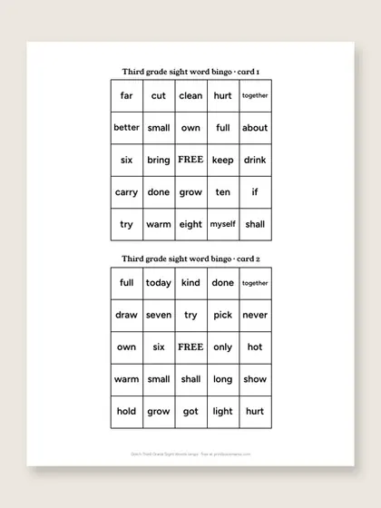 Dolch Third Grade Sight Words bingo cards, first page