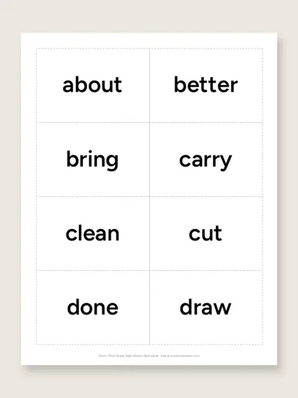 Dolch Third Grade Sight Words flash cards, first page