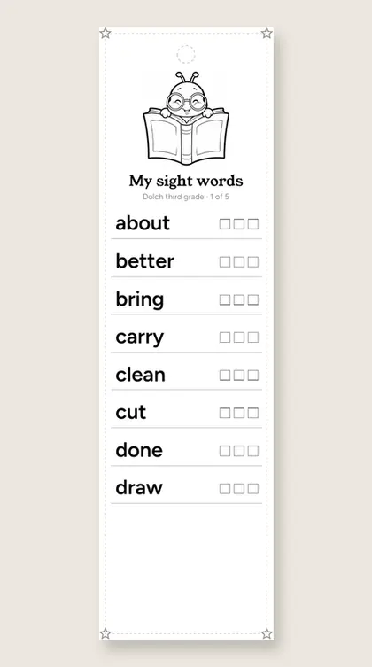 Dolch Third Grade Sight Words bookmark 1