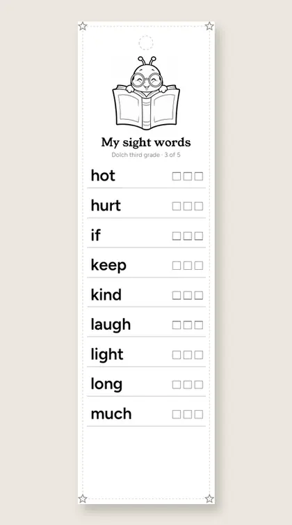 Dolch Third Grade Sight Words bookmark 3
