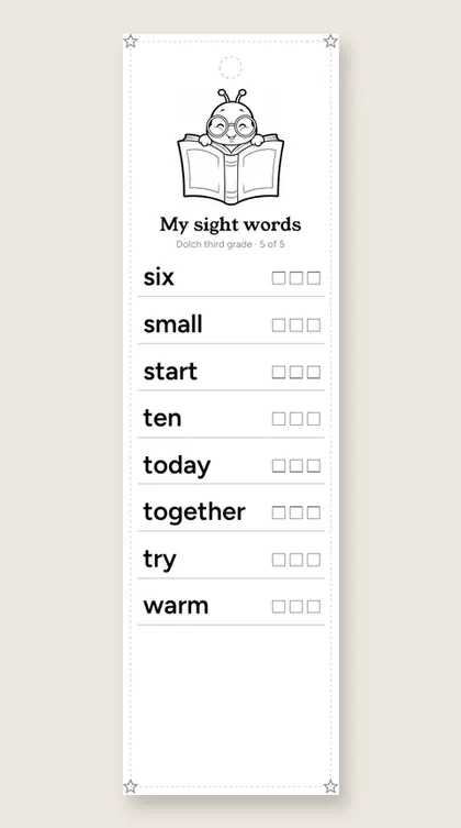 Dolch Third Grade Sight Words bookmark 5
