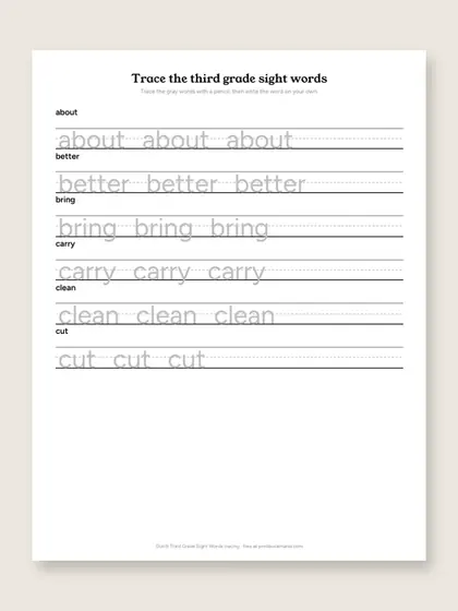 Dolch Third Grade Sight Words tracing sheets, first page