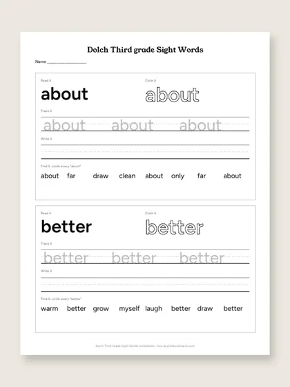 Dolch Third Grade Sight Words worksheets, first page