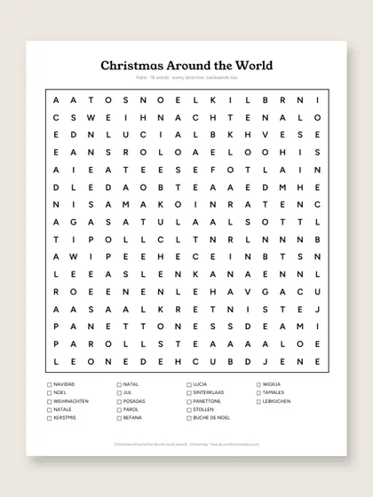 Christmas Around the World word search puzzle