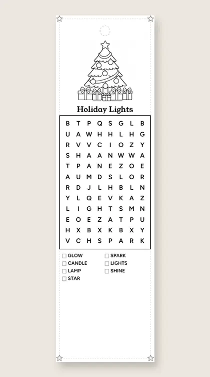Holiday Lights: Christmas word-search bookmark