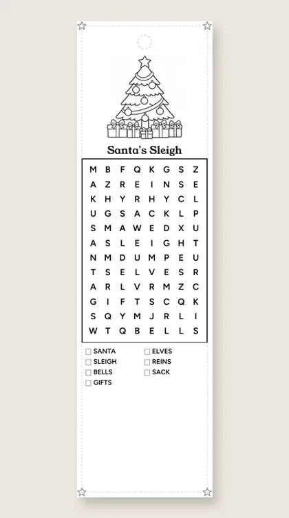 Santa's Sleigh: Christmas word-search bookmark