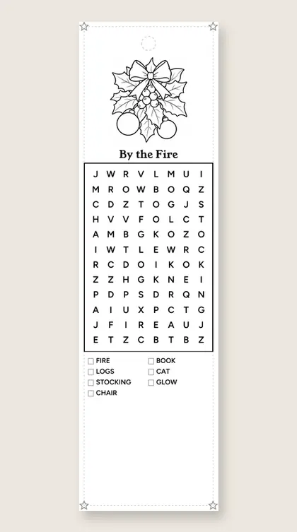 By the Fire: Christmas word-search bookmark