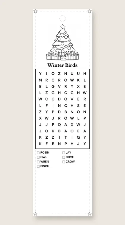 Winter Birds: Christmas word-search bookmark