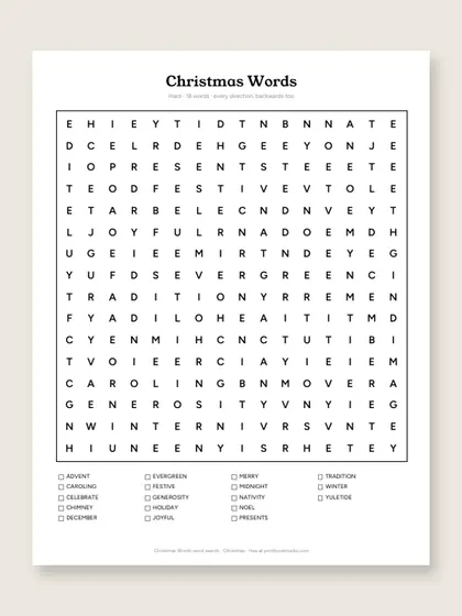 Christmas Words word search puzzle