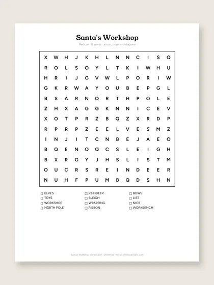 Santa's Workshop word search puzzle