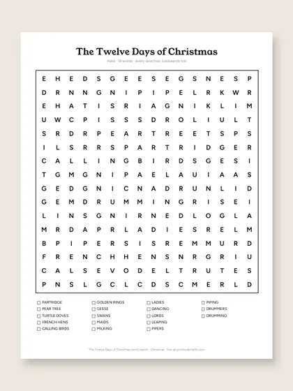 The Twelve Days of Christmas word search puzzle