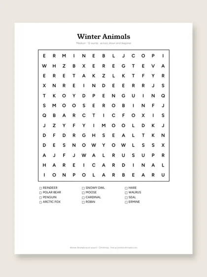 Winter Animals word search puzzle