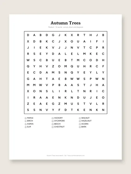 Autumn Trees word search puzzle