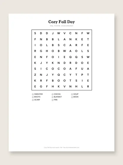 Cozy Fall Day word search puzzle