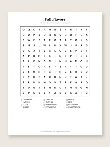 Fall Flavors word search puzzle