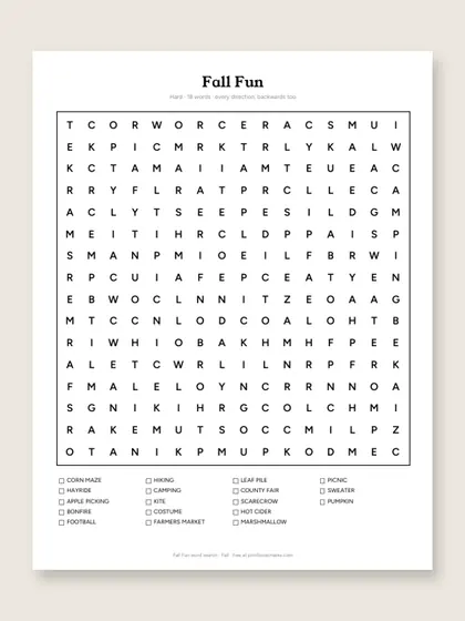 Fall Fun word search puzzle