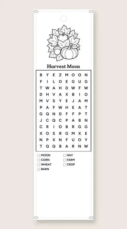 Harvest Moon: fall word-search bookmark