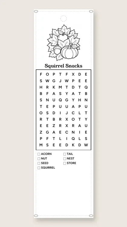 Squirrel Snacks: fall word-search bookmark