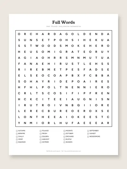 Fall Words word search puzzle