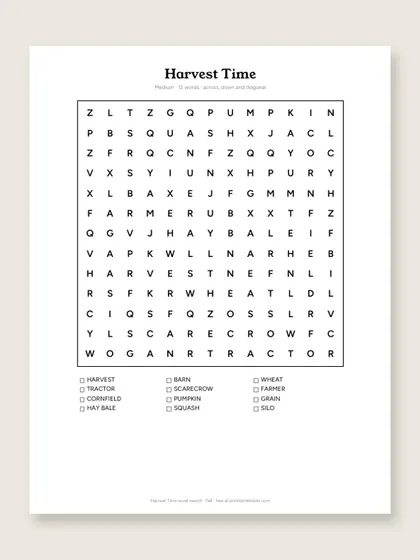 Harvest Time word search puzzle