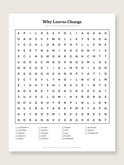 Why Leaves Change word search puzzle