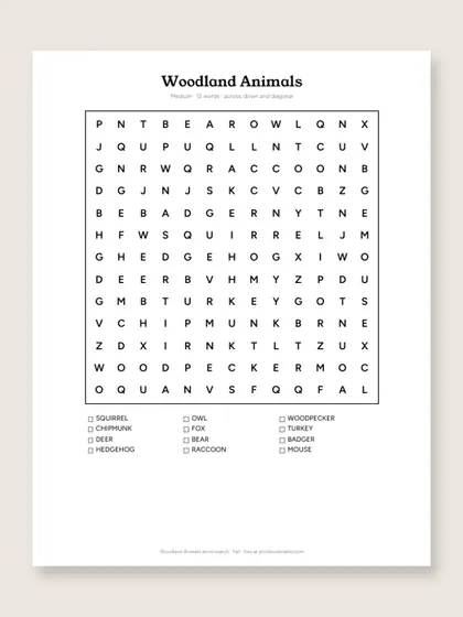 Woodland Animals word search puzzle