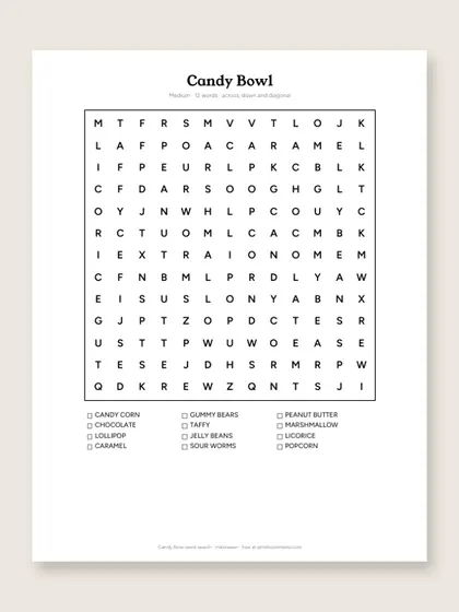 Candy Bowl word search puzzle