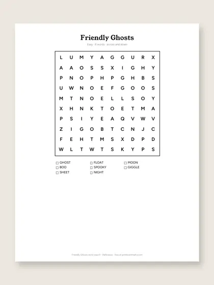 Friendly Ghosts word search puzzle