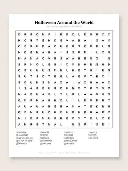 Halloween Around the World word search puzzle