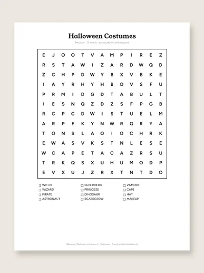 Halloween Costumes word search puzzle