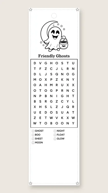 Friendly Ghosts: Halloween word-search bookmark